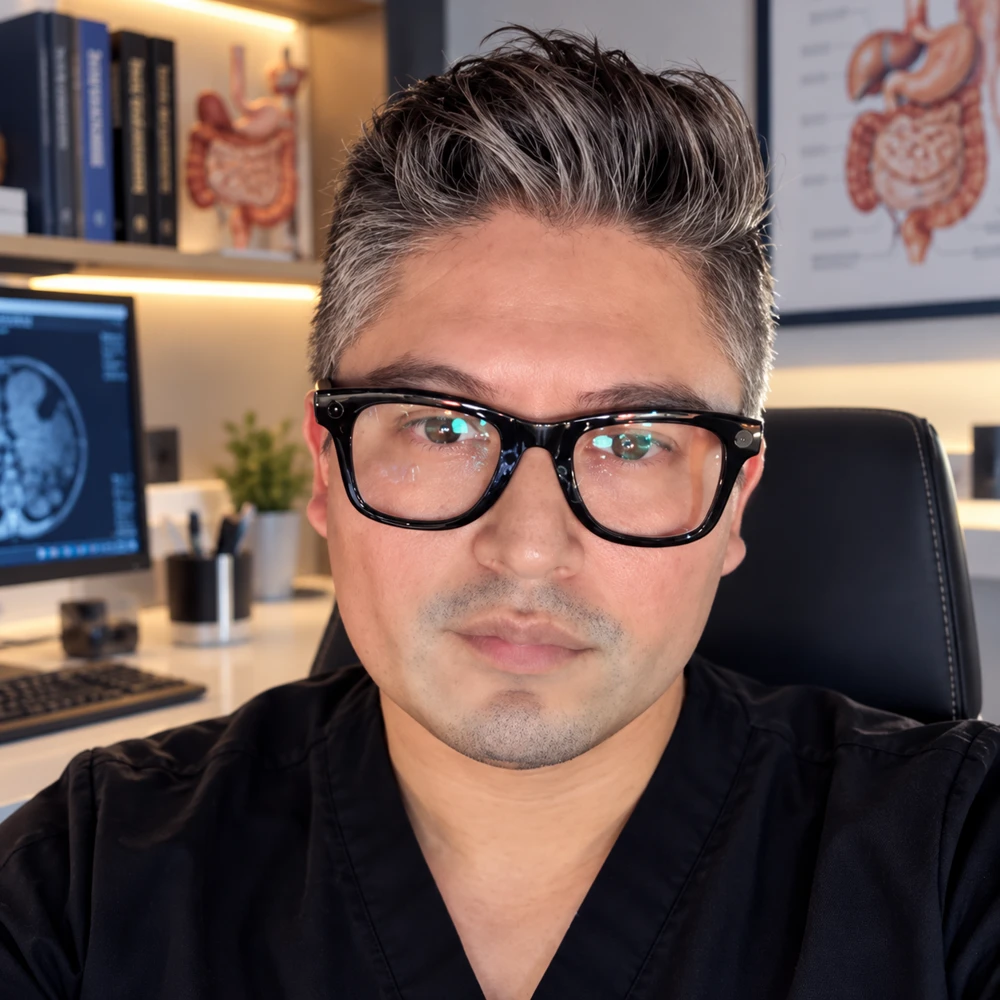 Dr. Tony Lopez con uniforme quirúrgico y lentes